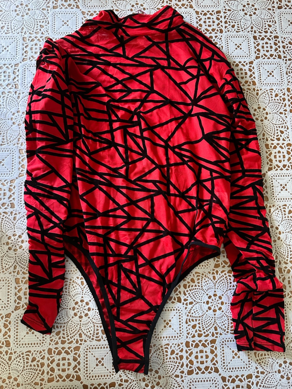 Red Long Sleeve bodysuit with Black Geometric Velvet Print